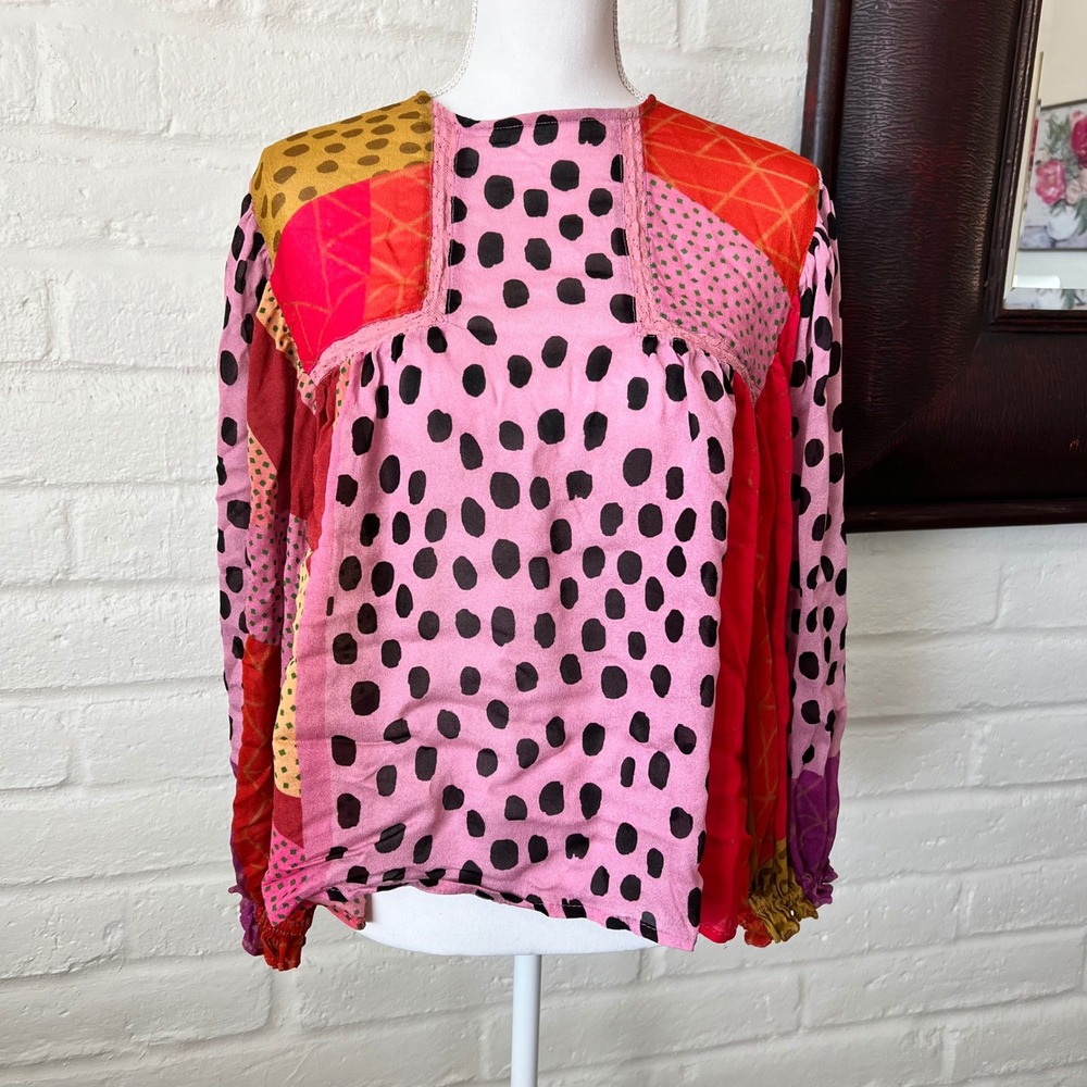 Anthropologie Blank London Patchwork  Boho Blouse Pink Red Small  Balloon Sleeve